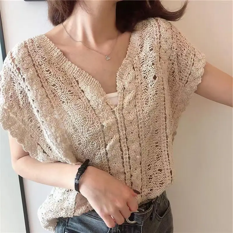 White V Neck Knitted Crochet Sleeveless Top for Women - Image 37
