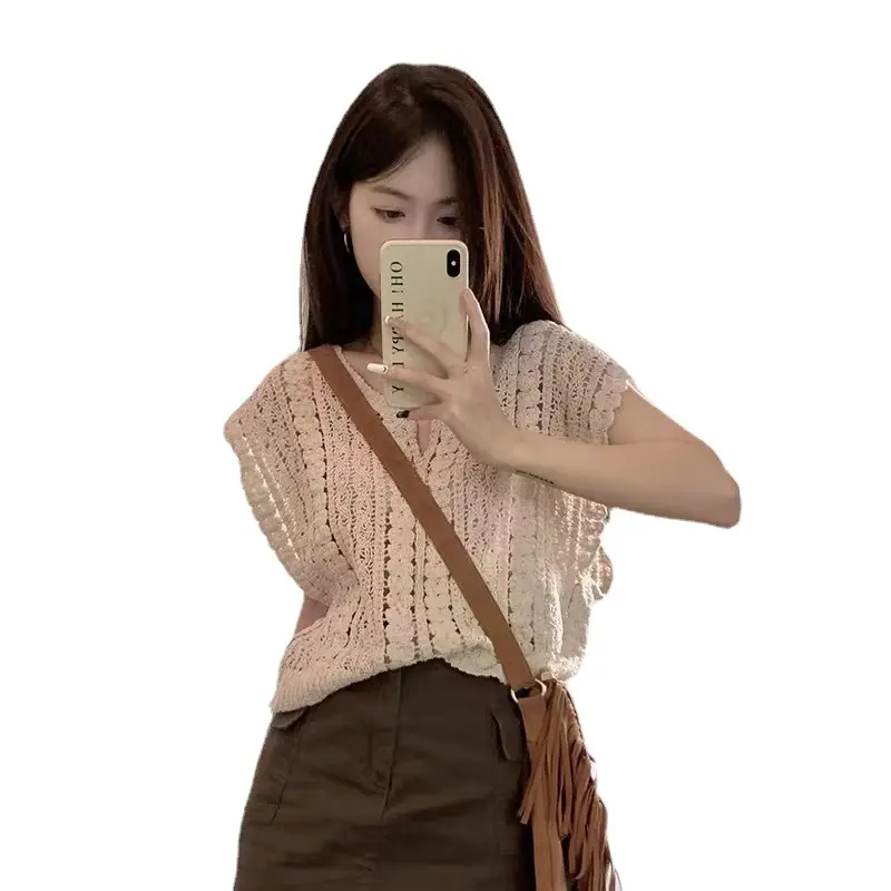 White V Neck Knitted Crochet Sleeveless Top for Women - Image 39