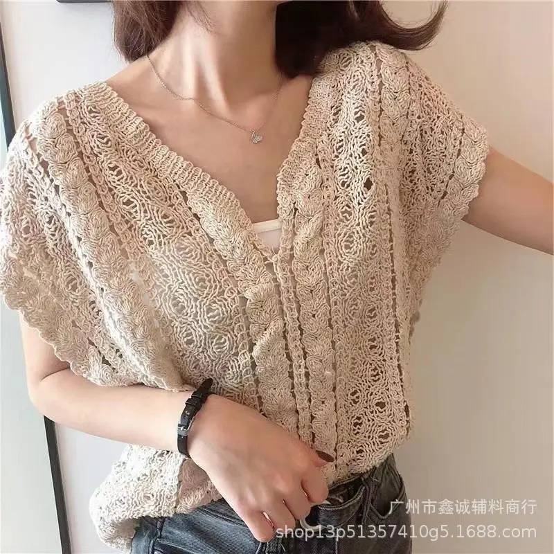 White V Neck Knitted Crochet Sleeveless Top for Women - Image 2