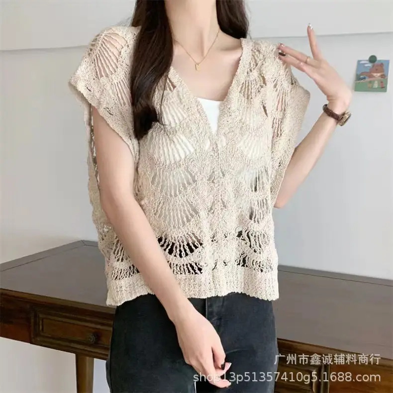 White V Neck Knitted Crochet Sleeveless Top for Women - Image 34
