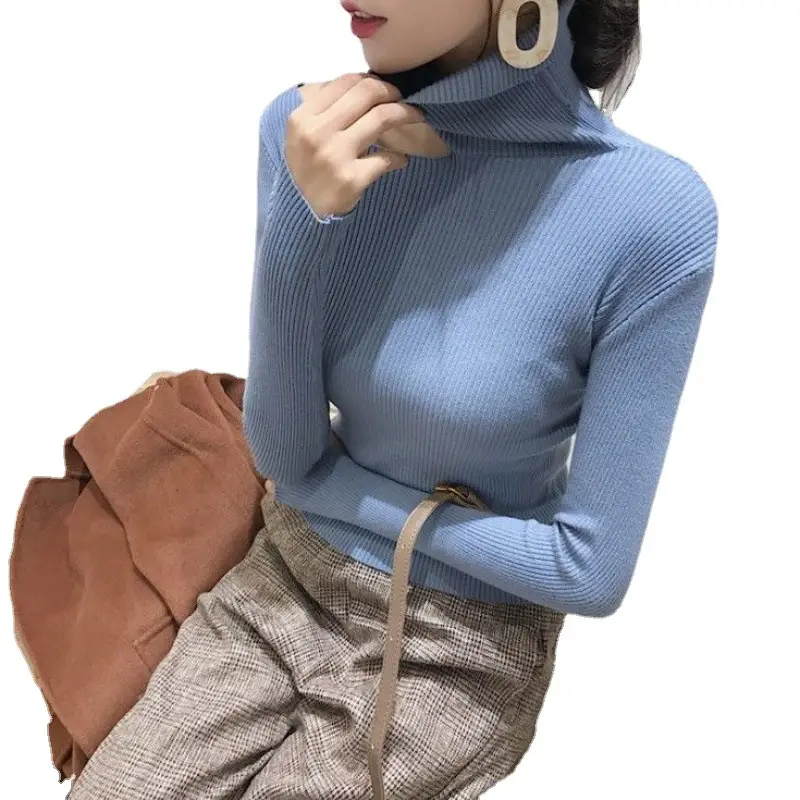 Women's Blue Knit Slim Fit Turtleneck Sweater