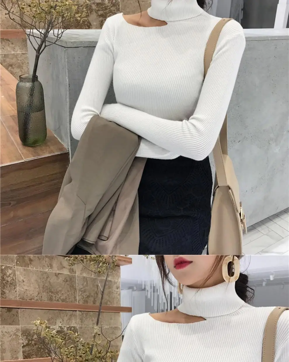 Women's Blue Knit Slim Fit Turtleneck Sweater — feature 8