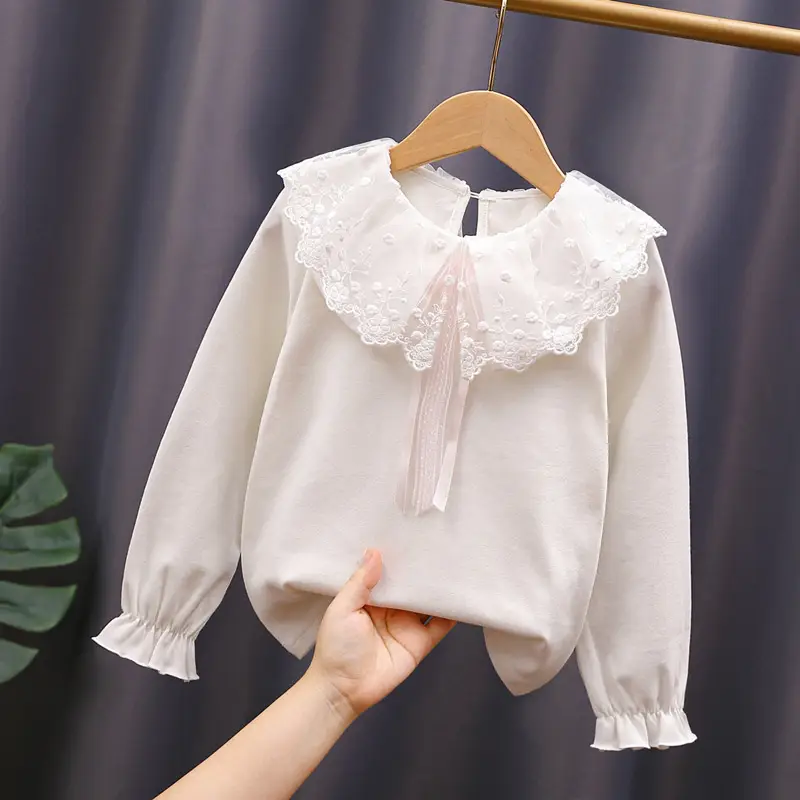 Girls White Lace Long Sleeve T-Shirt Spring Autumn Cotton