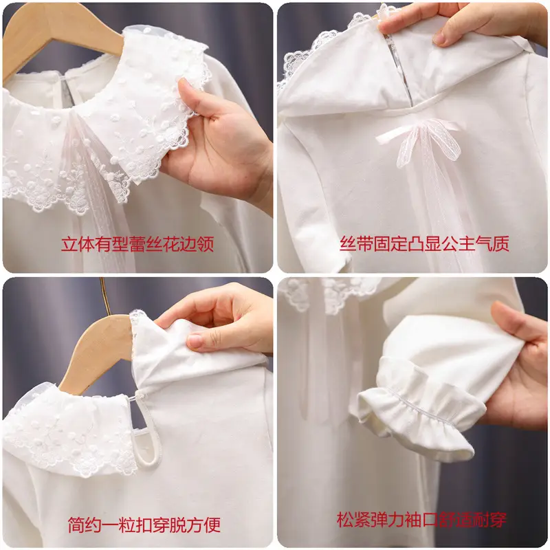Girls White Lace Long Sleeve T-Shirt Spring Autumn Cotton