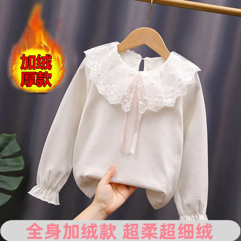 Girls White Lace Long Sleeve T-Shirt Spring Autumn Cotton