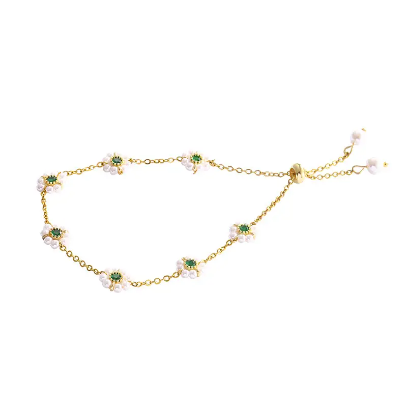 Vintage Flower Titanium Steel Bracelet with Emerald Pearl Pendant - Image 6