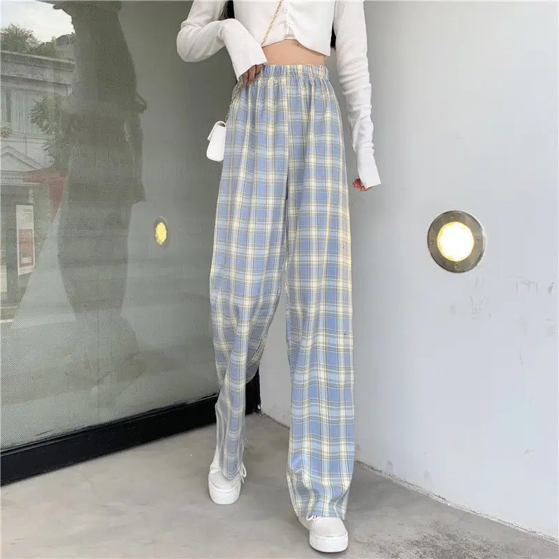Women Plaid Denim Pants Blue Loose Fit High Waist - Image 17
