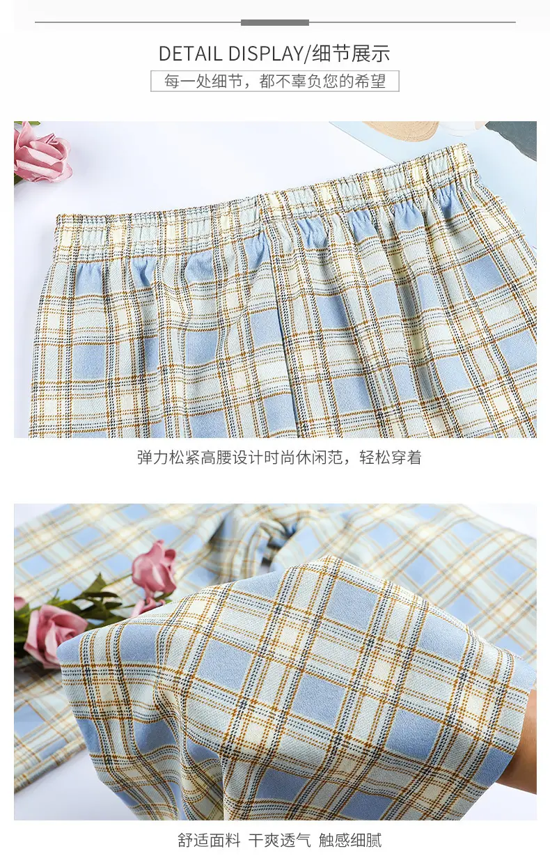 Women Plaid Denim Pants Blue Loose Fit High Waist — feature 12