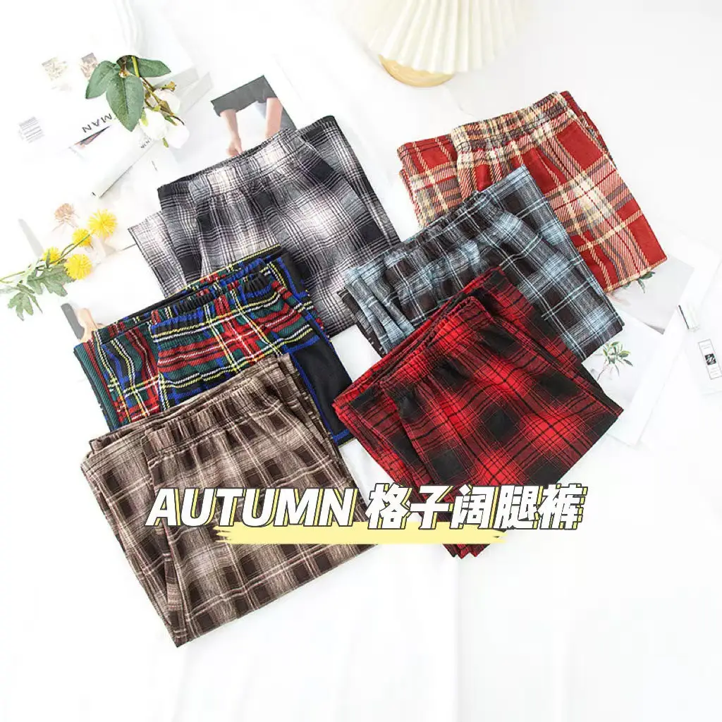 Women Plaid Denim Pants Blue Loose Fit High Waist — feature 15