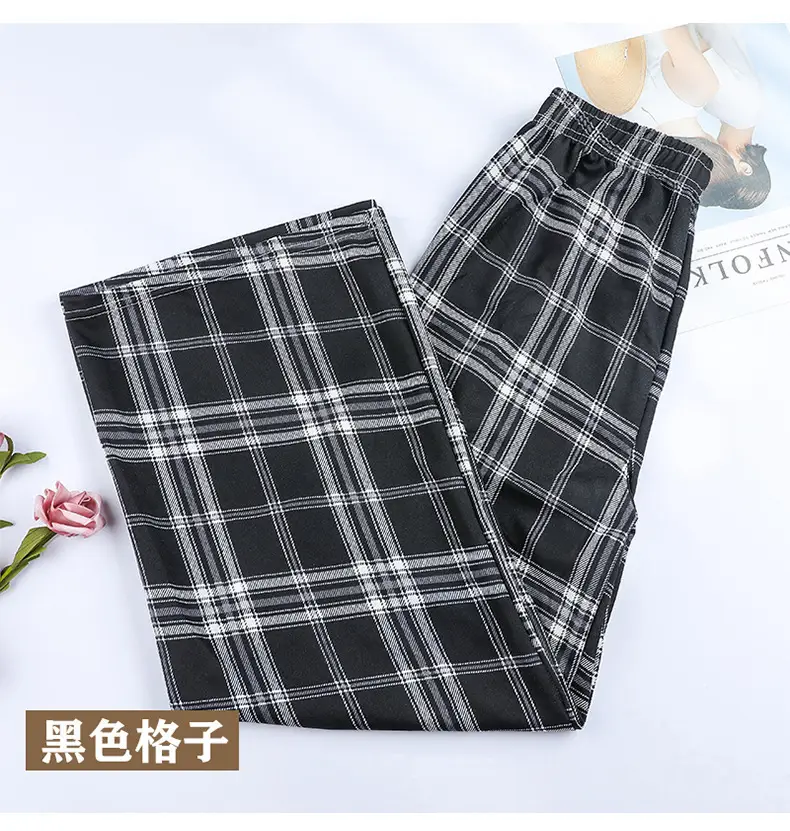 Women Plaid Denim Pants Blue Loose Fit High Waist — feature 17