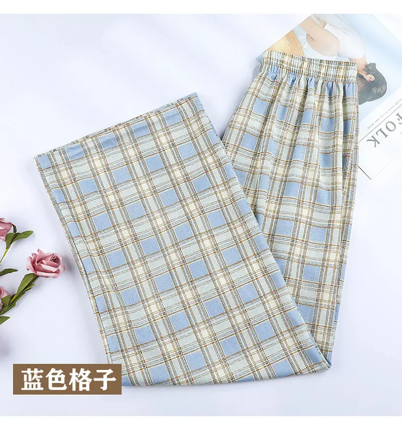 Women Plaid Denim Pants Blue Loose Fit High Waist — feature 19