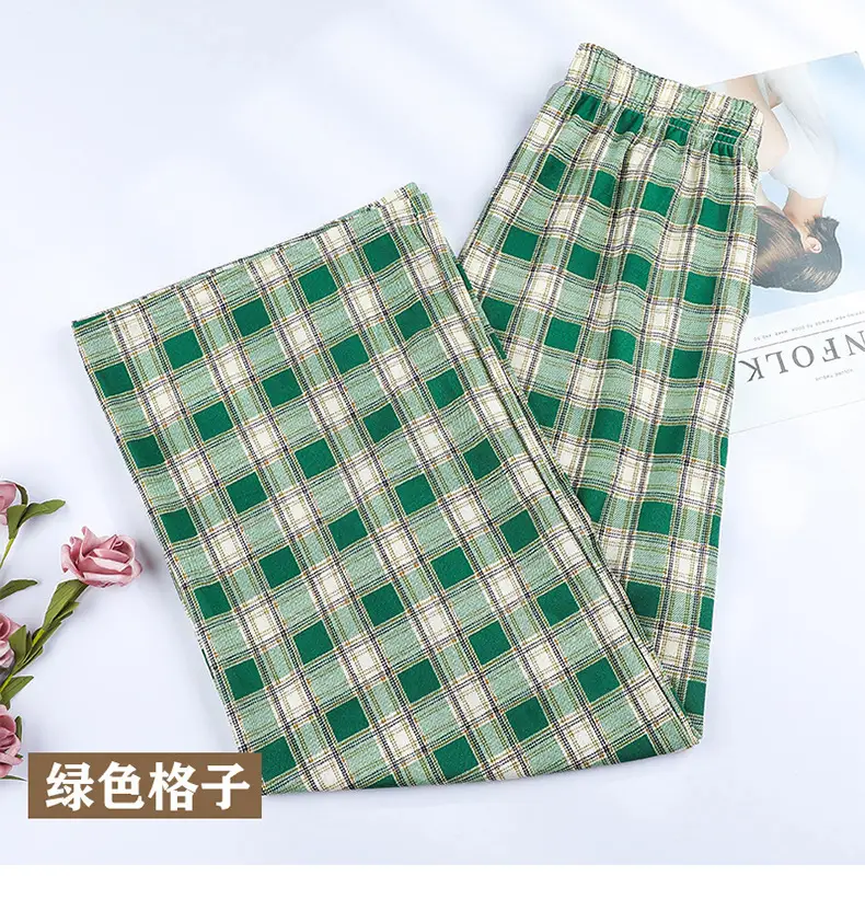 Women Plaid Denim Pants Blue Loose Fit High Waist — feature 22