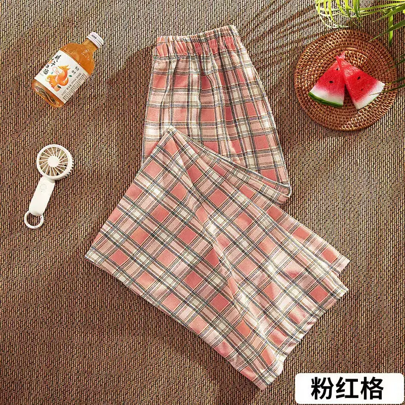 Women Plaid Denim Pants Blue Loose Fit High Waist — feature 23