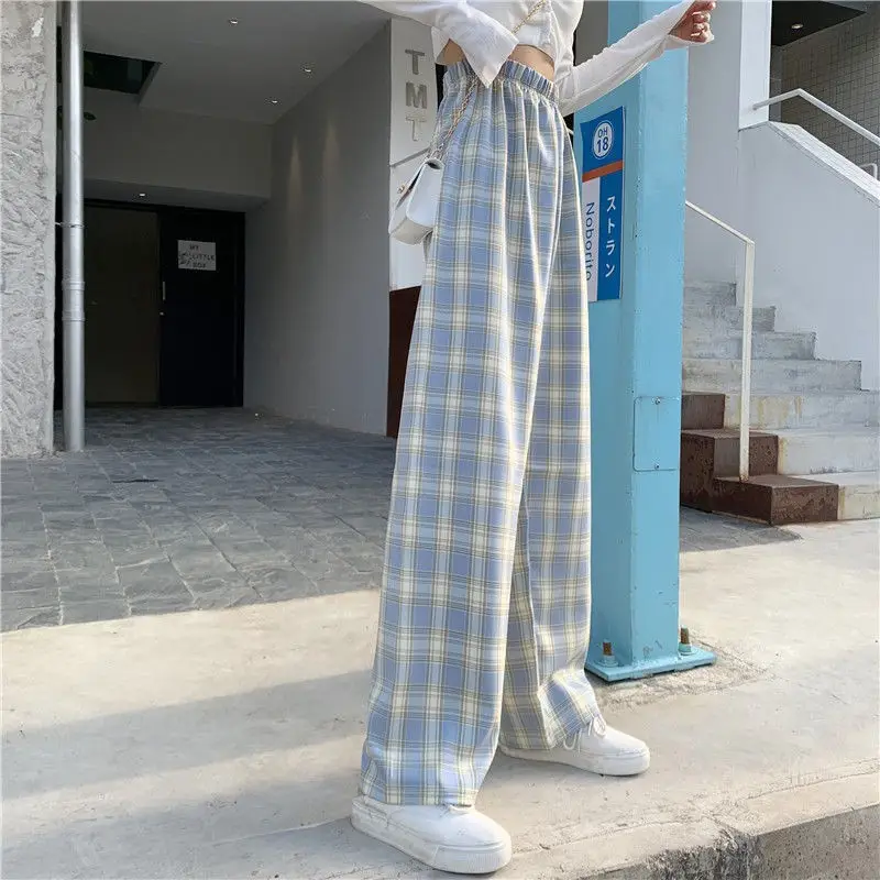 Women Plaid Denim Pants Blue Loose Fit High Waist — feature 3