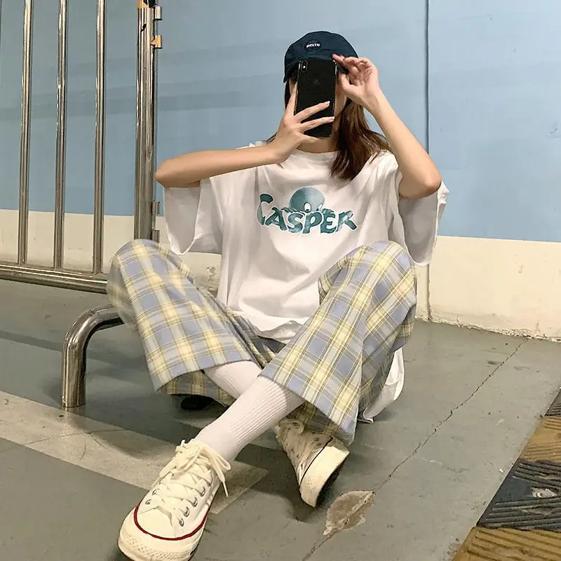 Women Plaid Denim Pants Blue Loose Fit High Waist — feature 4