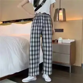 Women Plaid Denim Pants Blue Loose Fit High Waist — feature 7