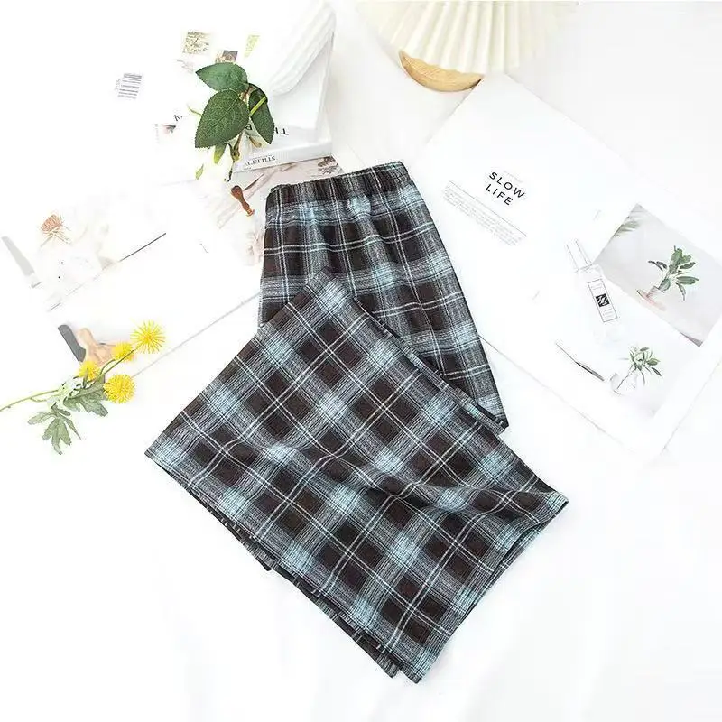 Women Plaid Denim Pants Blue Loose Fit High Waist - Image 10