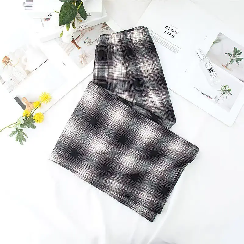 Women Plaid Denim Pants Blue Loose Fit High Waist - Image 12