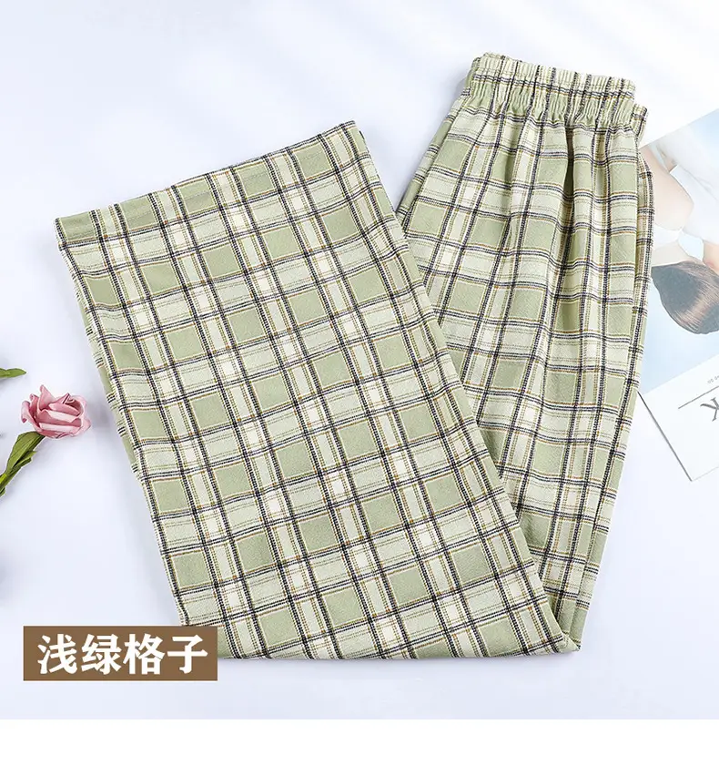 Women Plaid Denim Pants Blue Loose Fit High Waist - Image 5