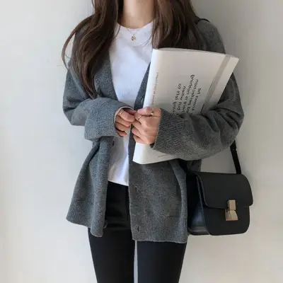 Korean Women's Grey Loose Sweater Jacket Cardigan