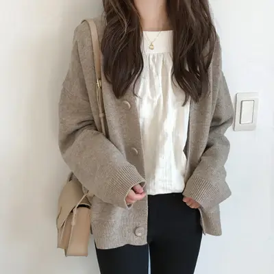 Korean Women's Grey Loose Sweater Jacket Cardigan