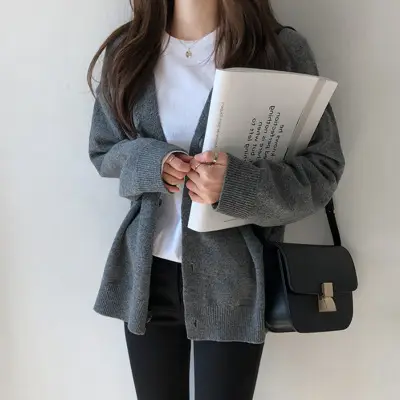 Korean Women's Grey Loose Sweater Jacket Cardigan — feature 1