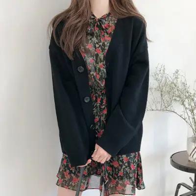 Korean Women's Grey Loose Sweater Jacket Cardigan — feature 2
