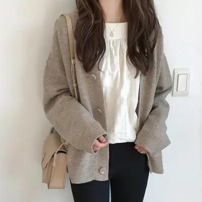 Korean Women's Grey Loose Sweater Jacket Cardigan — feature 3