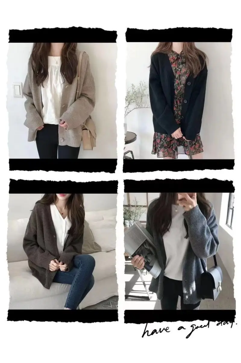 Korean Women's Grey Loose Sweater Jacket Cardigan — feature 6