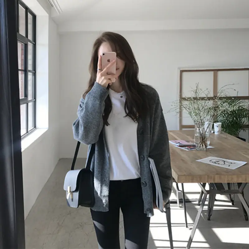 Korean Women's Grey Loose Sweater Jacket Cardigan — feature 8