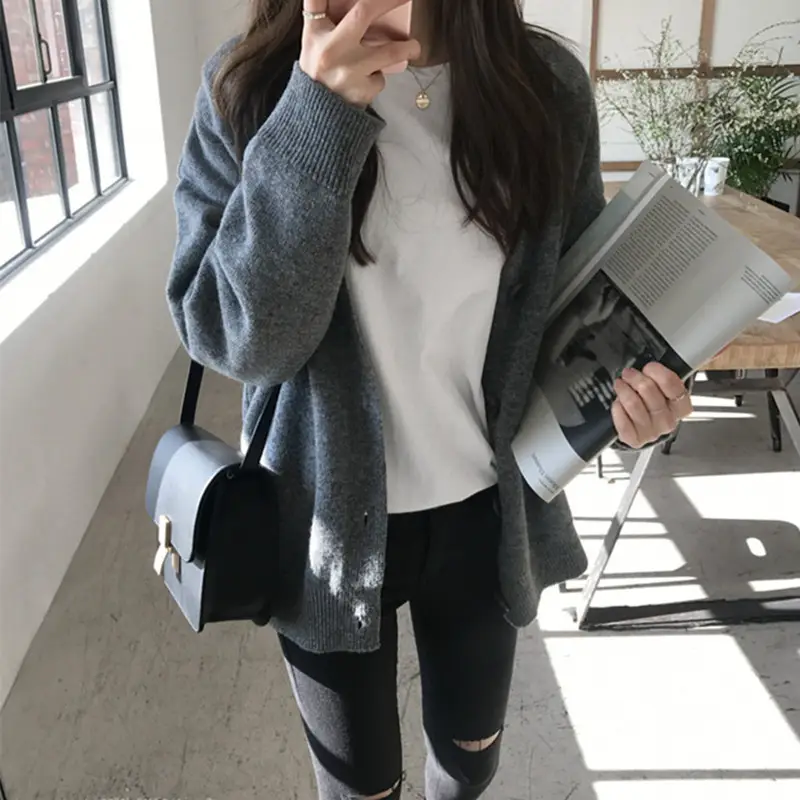 Korean Women's Grey Loose Sweater Jacket Cardigan — feature 9