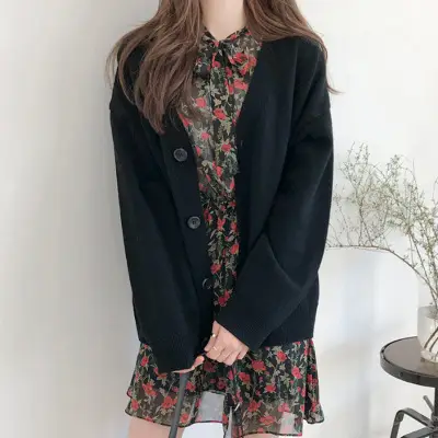 Korean Women's Grey Loose Sweater Jacket Cardigan