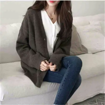 Korean Women's Grey Loose Sweater Jacket Cardigan