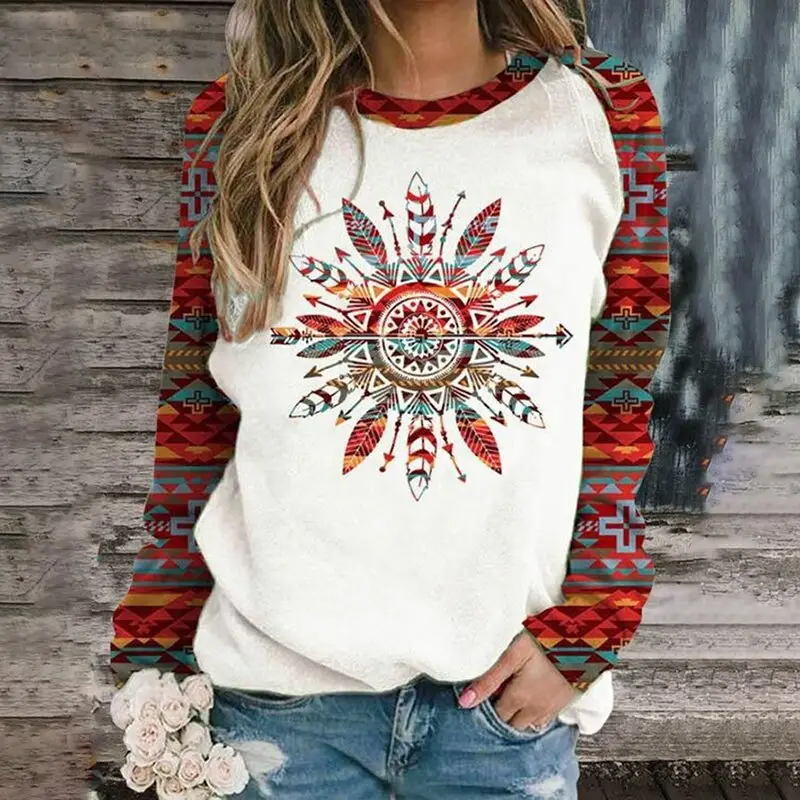 Women's Wish Retro Printed Sweatshirt Winter Autumn Geometric Pattern