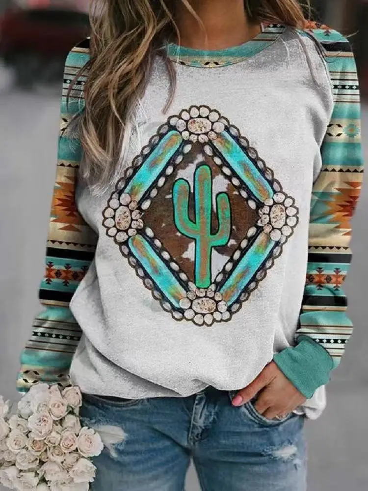 Women's Wish Retro Printed Sweatshirt Winter Autumn Geometric Pattern