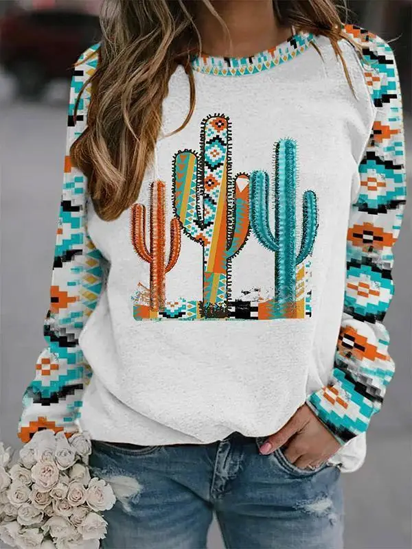 Women's Wish Retro Printed Sweatshirt Winter Autumn Geometric Pattern