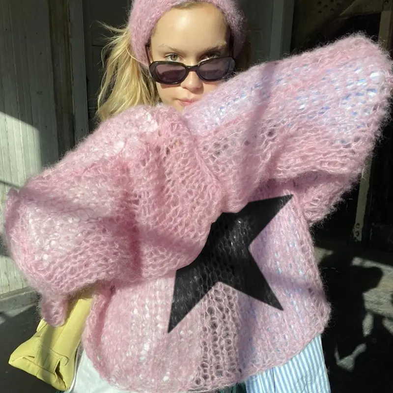 Mohair Star Crewneck Pullover Women Green Y2K