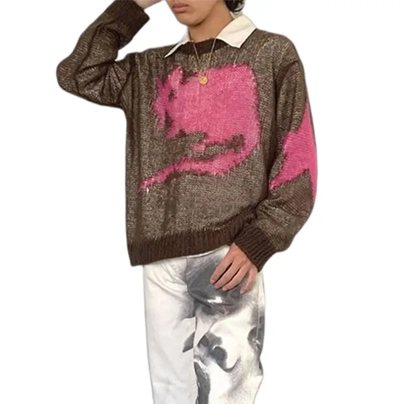 Mohair Star Crewneck Pullover Women Green Y2K