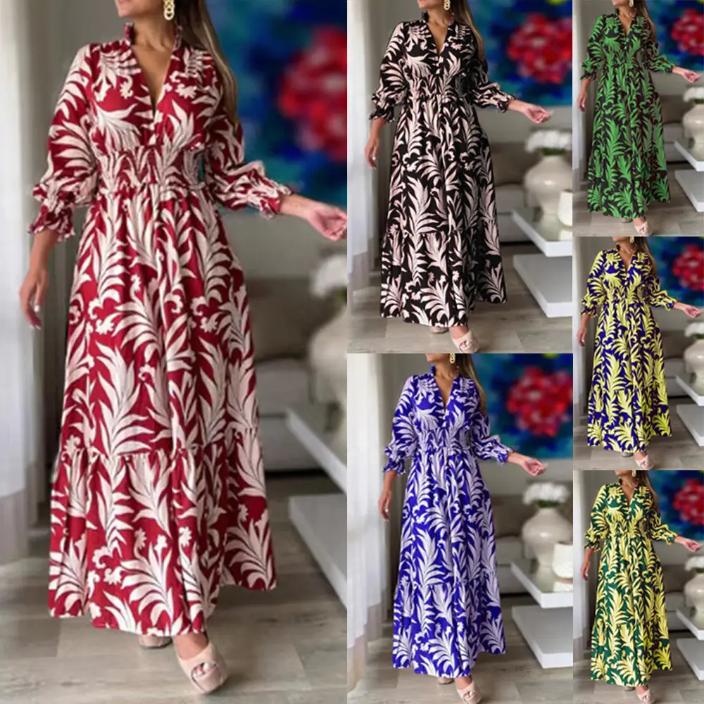 Bohemian Printed Long Skirt Pullover Dress Blue Yellow