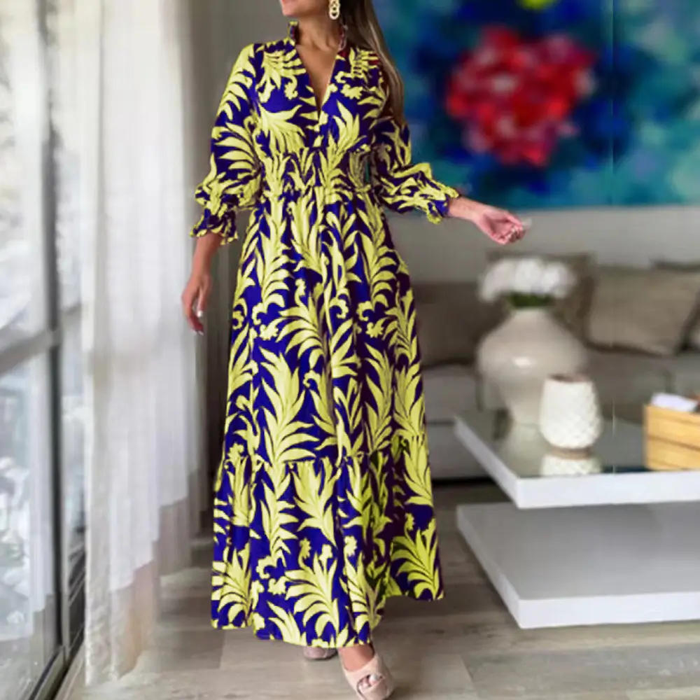 Bohemian Printed Long Skirt Pullover Dress Blue Yellow