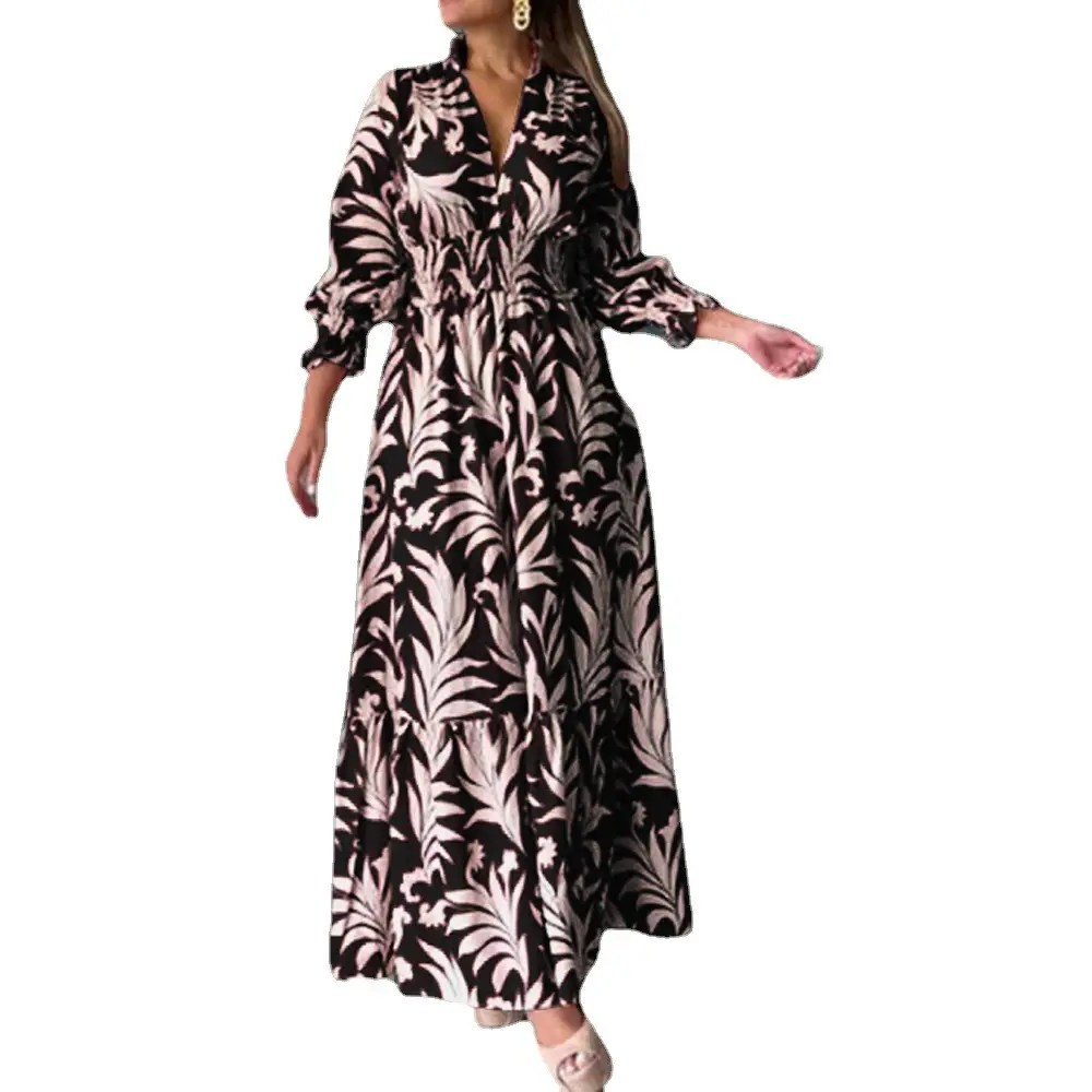 Bohemian Printed Long Skirt Pullover Dress Blue Yellow
