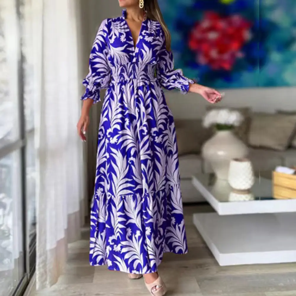 Bohemian Printed Long Skirt Pullover Dress Blue Yellow