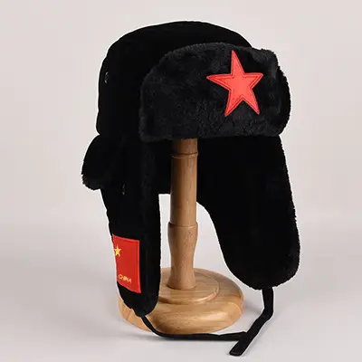 Men Winter Velvet Hat Black China Flag Ear Protectors