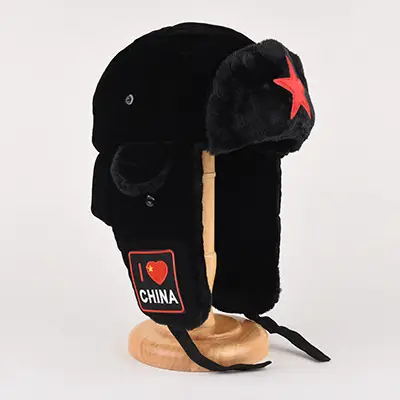 Men Winter Velvet Hat Black China Flag Ear Protectors