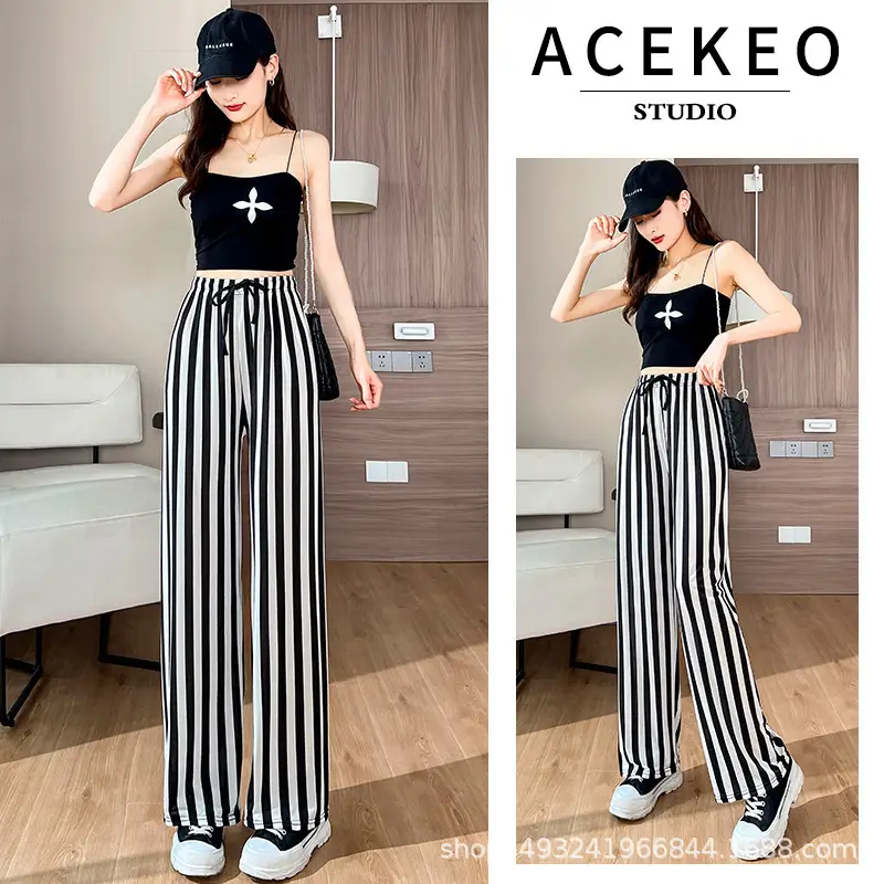 Women Ice Silk Wide Leg Pants Black White Vertical Stripe Summer Casual - Image 5