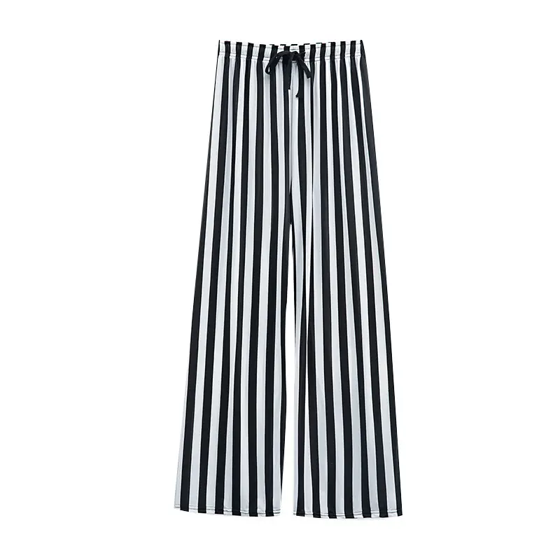 Women Ice Silk Wide Leg Pants Black White Vertical Stripe Summer Casual - Image 9