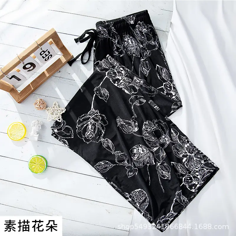 Women Ice Silk Wide Leg Pants Black White Vertical Stripe Summer Casual - Image 3