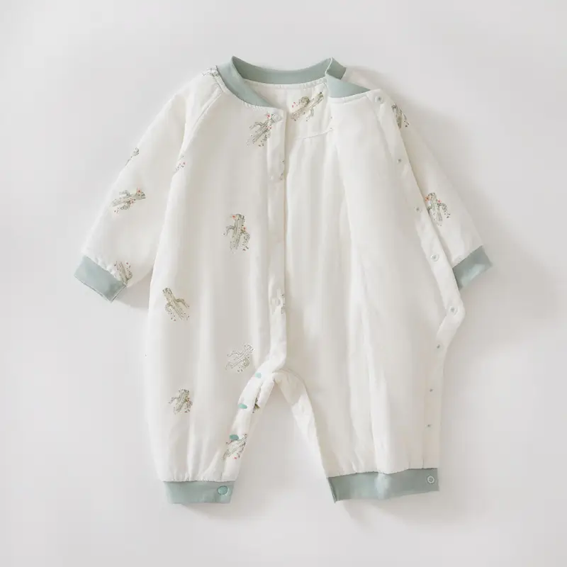 Baby Cotton One-Piece Outfit Cream Green Embroidered - Image 7