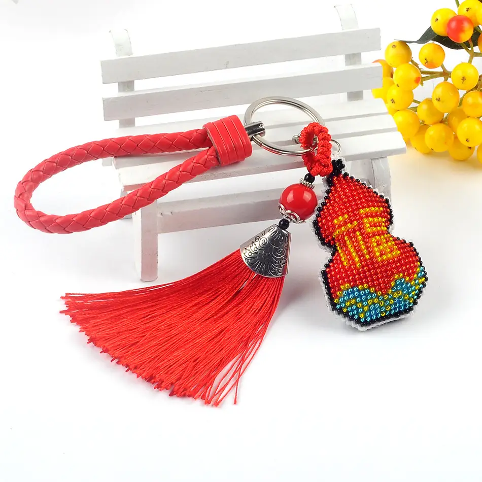 Colorful Beaded Fu Lu Fu Key Chain with Cross Stitch Design — feature 3