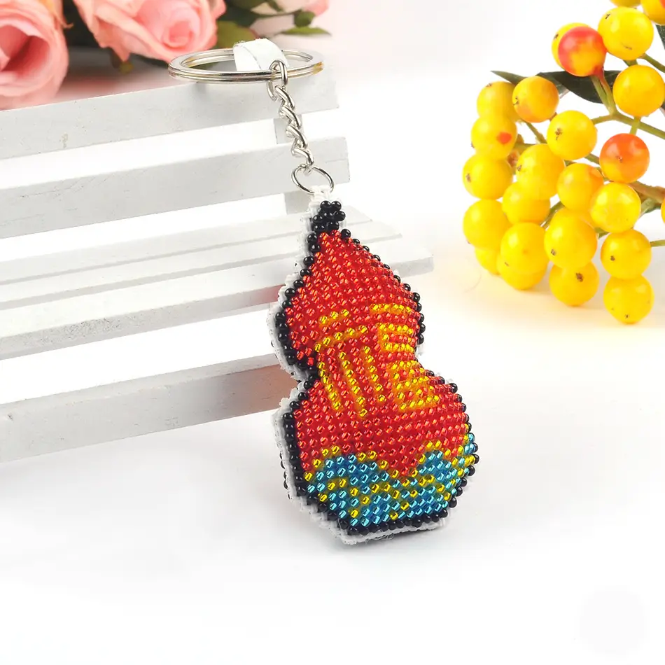 Colorful Beaded Fu Lu Fu Key Chain with Cross Stitch Design - Image 3
